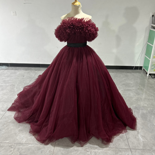 高品質！ボルドーカラードレス オフショルダーの2WAYドレス 取り外し  