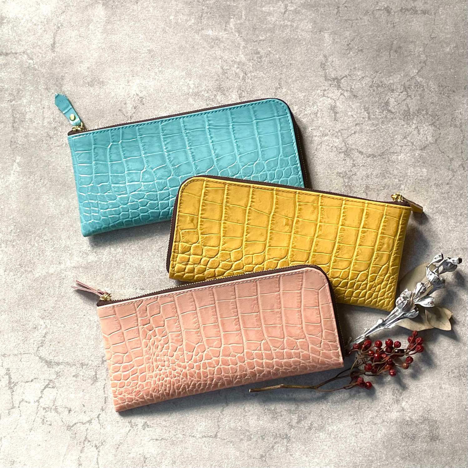 牛革のスリムな長財布 Ｌ字型 クロコダイル型押し 3カラー