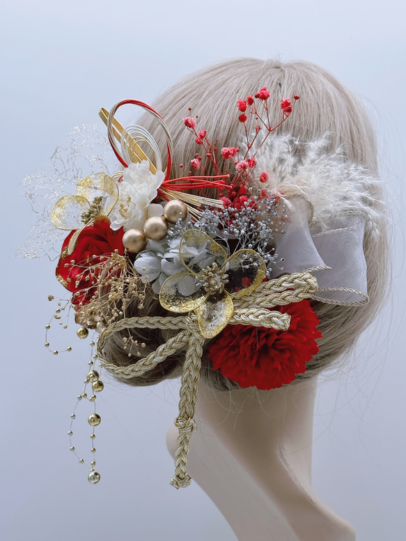 ディップアート　髪飾り　2024 成人式　卒業式 結婚式　白　赤　ゴールド　シルバー　水引　チュール　パールシャワー 3枚目の画像
