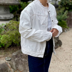 ホワイトデニムジャケット　gジャン　swag fti yoko 岡山デニム✨ 日本製 ノーカラー デニム ジャケット Gジャン