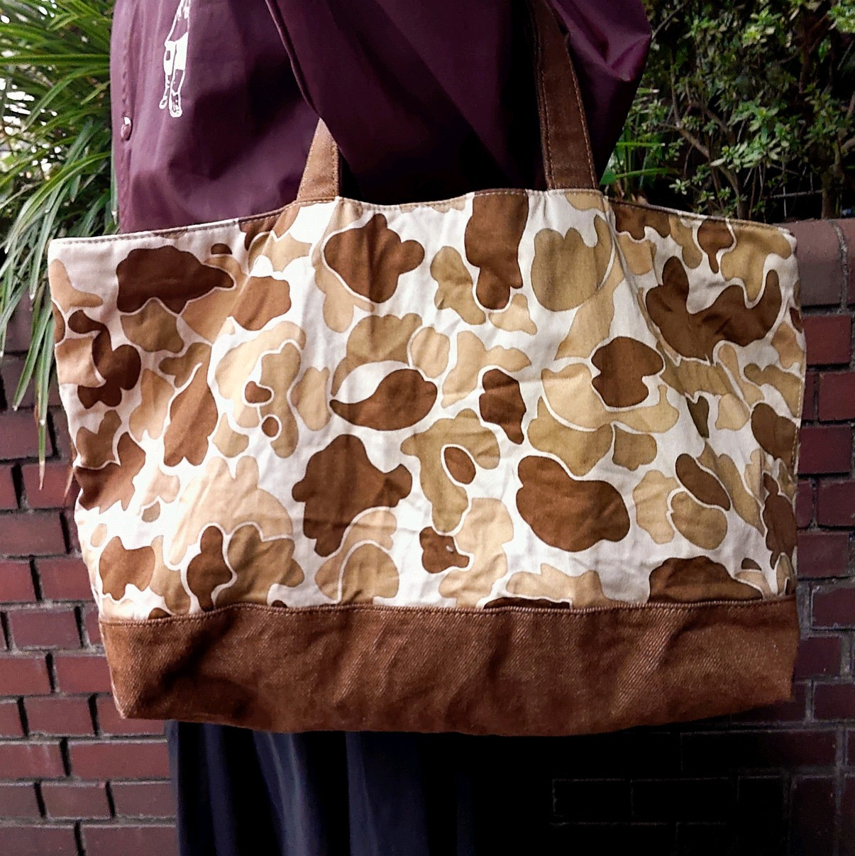 洗い加工 横長トートバッグ (ベージュ カモ✕茶デニム tb-hc 6)