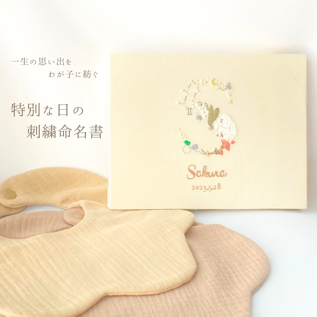 誕生日で彩るイニシャル刺繍命名書　ファブリックパネル　バースボード　イニシャルボード　刺繍インテリア　出産祝い　お七夜