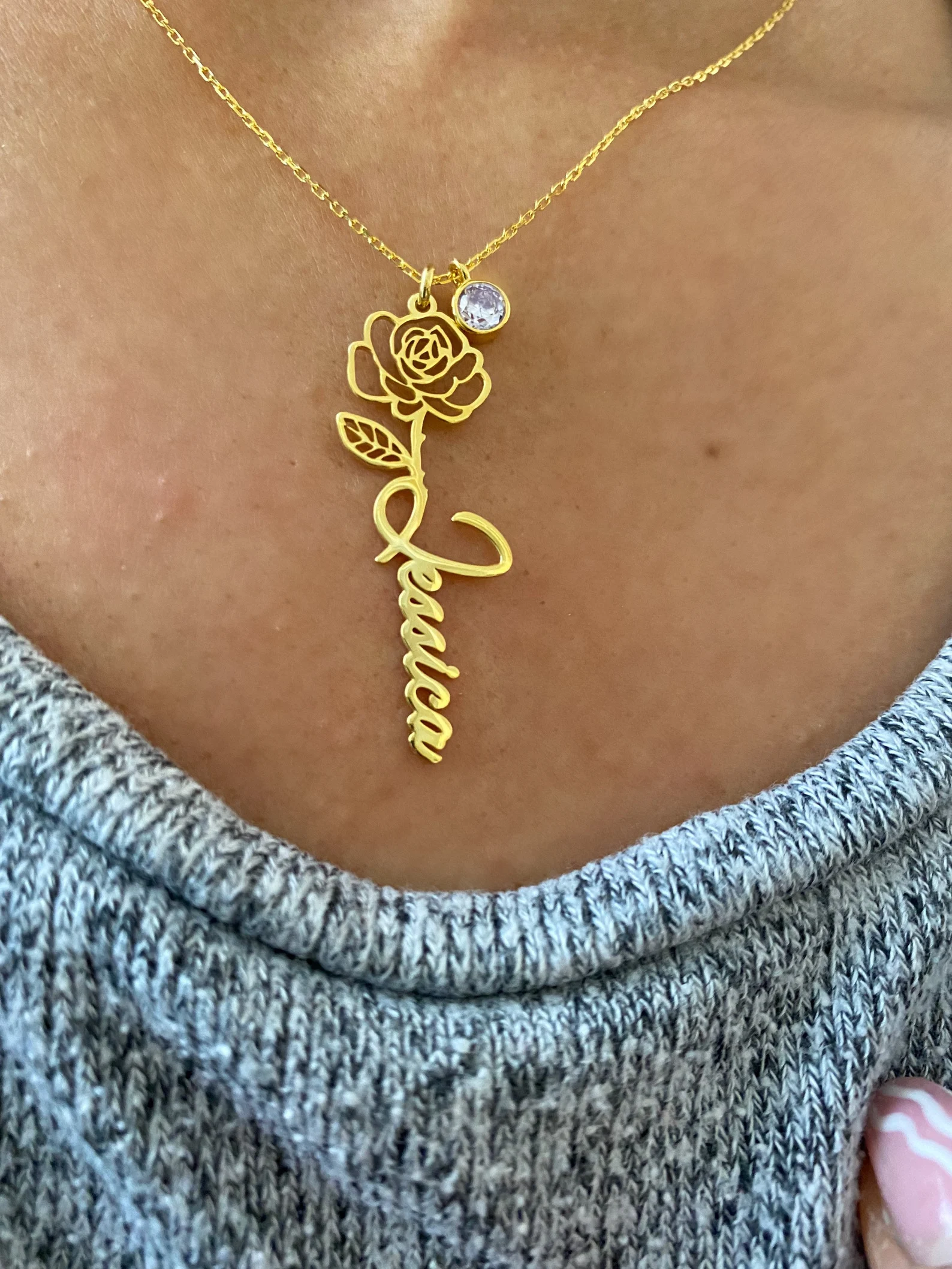 オーダーメイド 誕生花 名入れネックレス シルバー 誕生石 名前ネームネックレス カスタムネックレス花 誕生日周年記念日