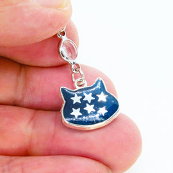 ブルーキャットスターキーホルダー 青い猫フェイスモチーフに星を散りばめたキーホルダー ラインストーン 金具変更可 7枚目の画像
