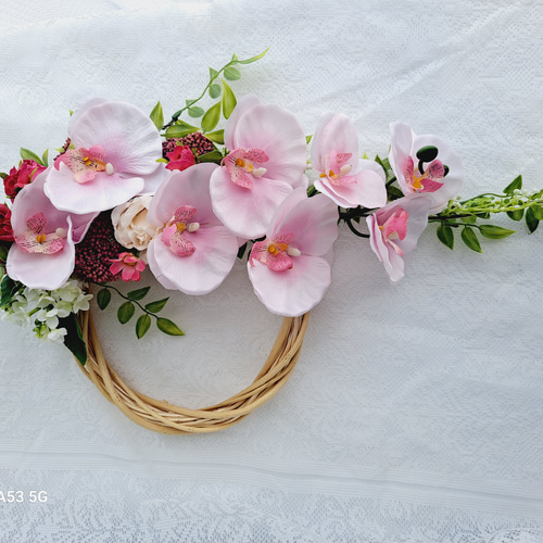 クレイフラワー♡メルヘン♡フラワーリース♡ピンクの胡蝶蘭♡ハンドメイド