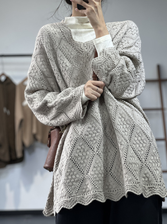 新作). 手編みVネックニット ゆったりセーター 秋、ブルー