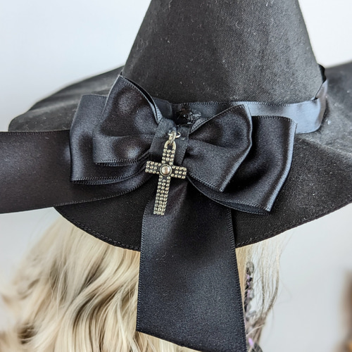 981※黒の大きなリボンと十字架のとんがり魔女帽子 ※ブライスアウト