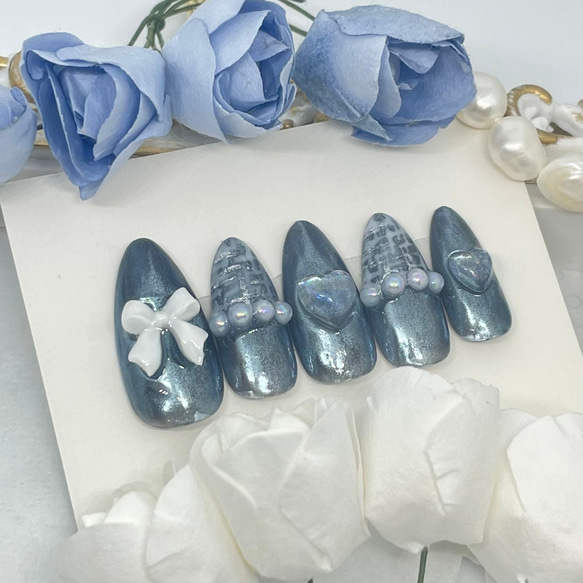 サイズオーダー♡うるうるハート×ツイードネイルチップ ブラック size  