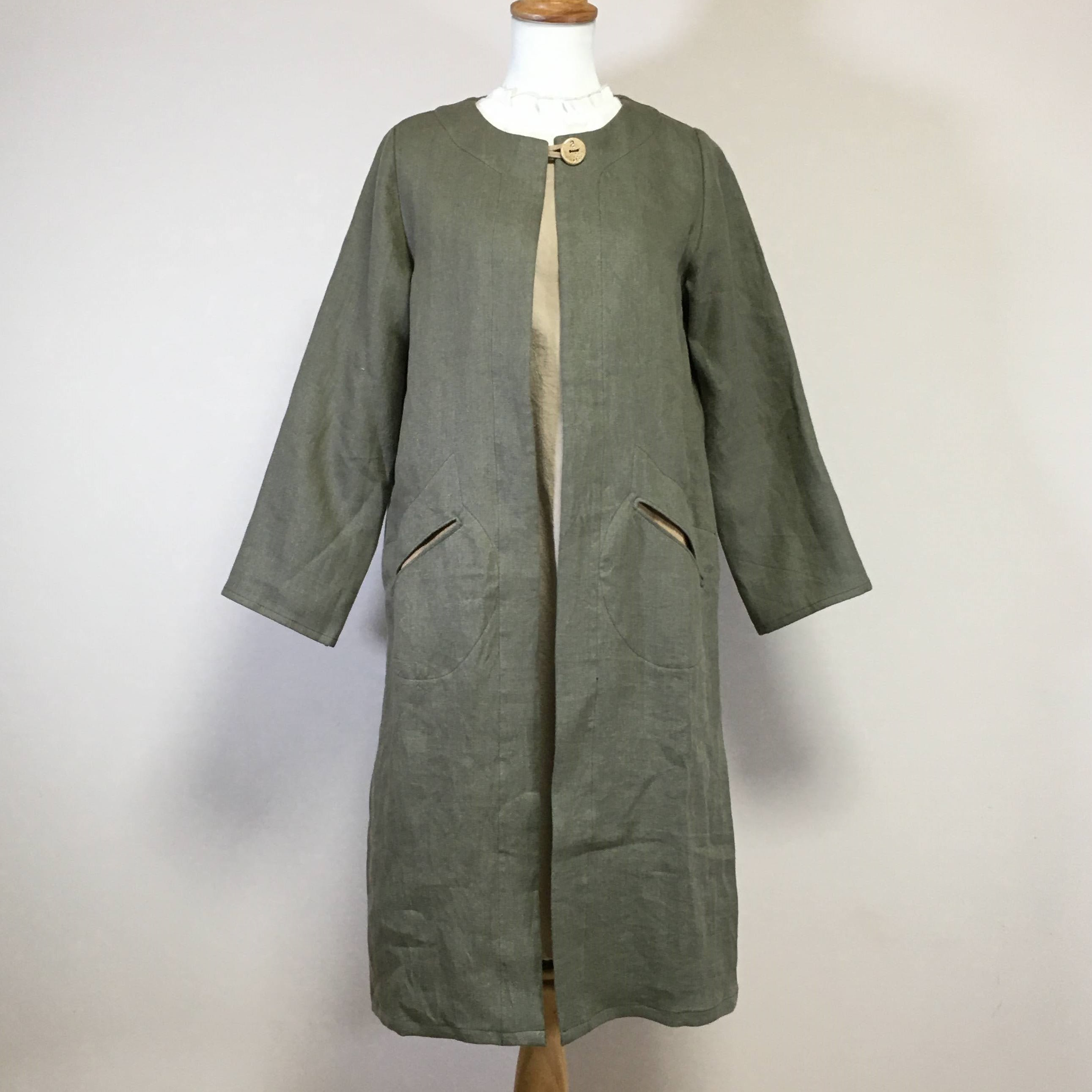【厚手リネン】リネンのロングコート　猫ポケ◆オリーブ◆ウィンターリネン（厚手15番手、リネン100％）◆フリー