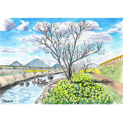 水彩アート「春の交差点」手描き、1点物、真筆。 原画一点物 「ツツジの花が咲く春の遊歩道」 ＜ペンスケッチ＋