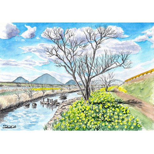 原画一点物 「水ぬるむ春」 ＜ペンスケッチ＋透明水彩＞ 絵画 Takashi