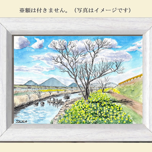 水彩アート「春の交差点」手描き、1点物、真筆。 原画一点物 「水ぬるむ春」 ＜ペンスケッチ＋透明水彩＞ 絵画