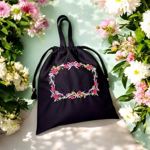 花フレームデザイン／レッスンバッグ|リバティ|名入れ|刺繍