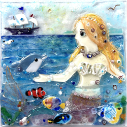 ベネチアンガラスとミルフィオリ「人魚姫と海の世界」額飾り 2枚目の画像