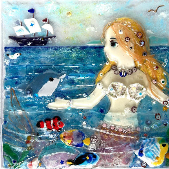 ベネチアンガラスとミルフィオリ「人魚姫と海の世界」額飾り 3枚目の画像