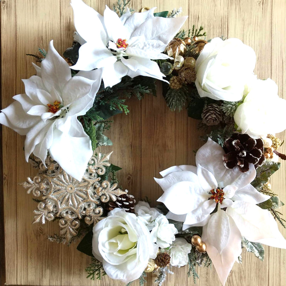 ホワイトポインセチアのクリスマスリース 玄関 造花 フラワーリース