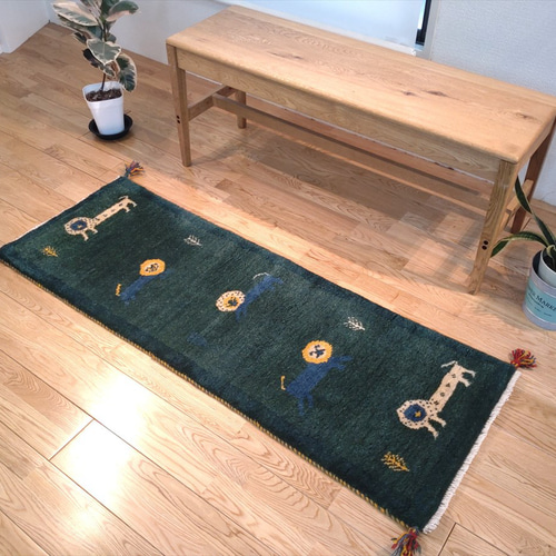 秋の目玉品】ペルシャ ギャッベ ランナー中 140x53cm 深く濃い緑色