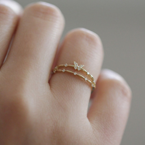 シルバー925 繊細 2層 蝶々 バタフライ指輪 K18 ピンキーリング