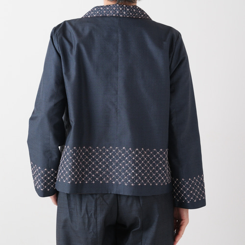 大島紬の刺し子ジャケット リバーシブル 青亀甲×花 着物リメイク