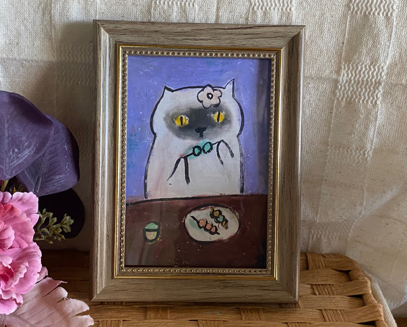 絵画。原画手描き【団子に抹茶が入った猫ちゃんを食べるのが好きです】 1枚目の画像