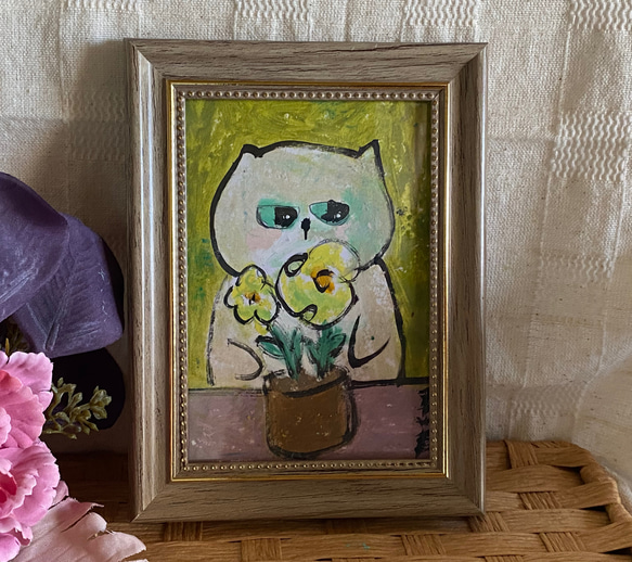 絵画。原画手描き【いい天気の中で猫ちゃんが花を植えている】 1枚目の画像