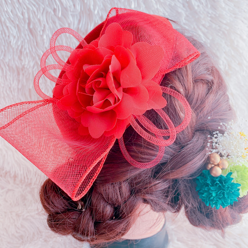 赤 ヘッドドレス 和装 髪飾り ヘアアクセサリー 卒業式 成人式 結婚式 成人式振袖髪飾り赤 ダウンB】ヘッドドレス＆水引きゴールド