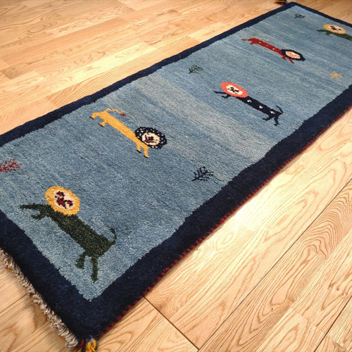 秋の目玉品】ペルシャ ギャッベ ランナー中 145x53cm 青色 藍色