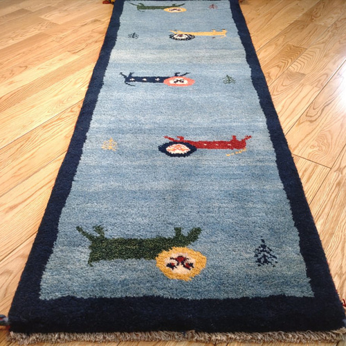 秋の目玉品】ペルシャ ギャッベ ランナー中 145x53cm 青色 藍色