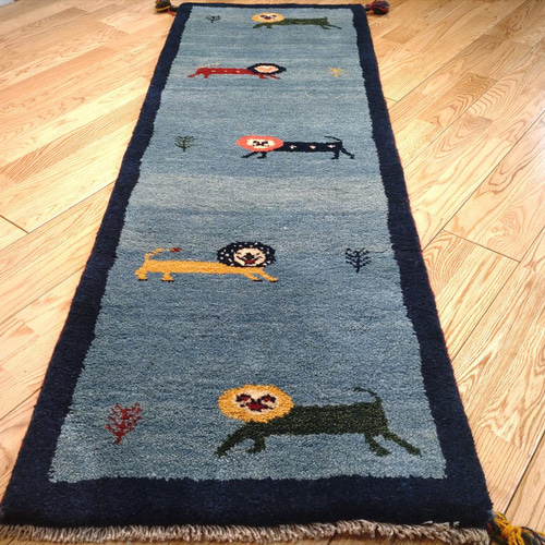 秋の目玉品】ペルシャ ギャッベ ランナー中 145x53cm 青色 藍色