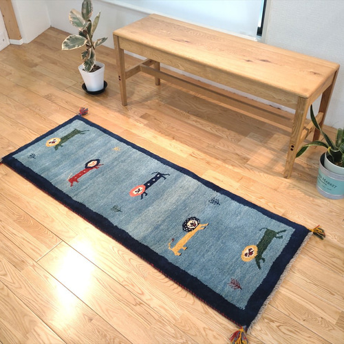 秋の目玉品】ペルシャ ギャッベ ランナー中 145x53cm 青色 藍色