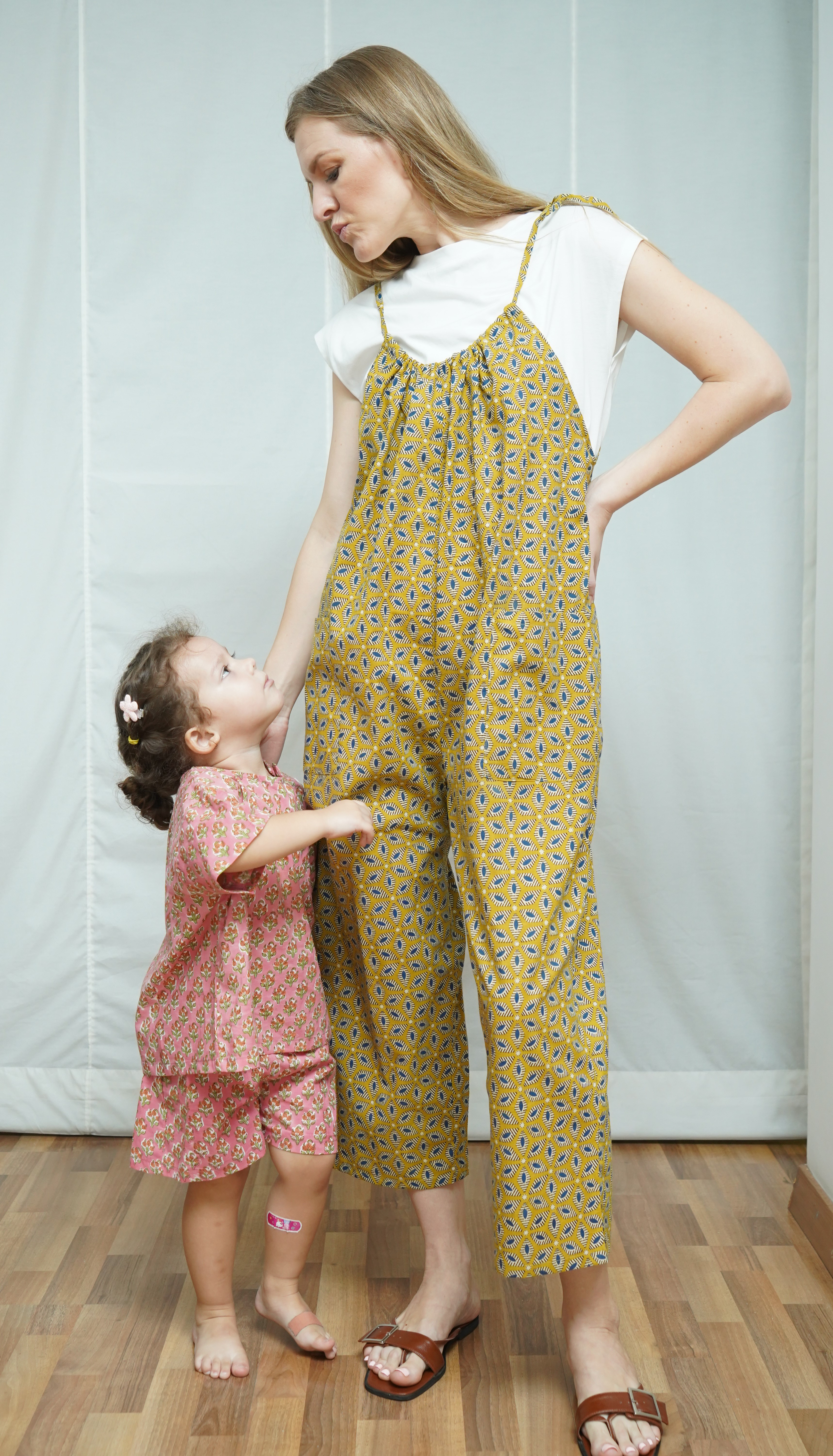 ハンドブロックプリント紐サロペット