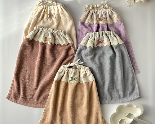 付け衿風のレースが可愛いタオルエプロン☆まとめ買いがお得 丈・2重が