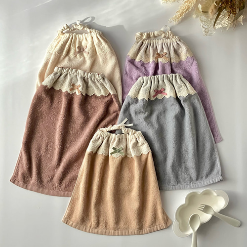 付け衿風のレースが可愛いタオルエプロン☆まとめ買いがお得 丈・2重が