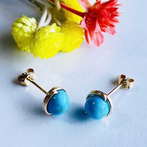 ターコイズ 1粒ピアス 14kgf スリーピングビューティー 誕生石 12月