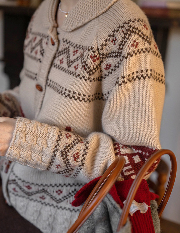 2色　ノルディック柄編み　暖かいウールのセーター/カーディガン　ゆったりシルエット【春秋冬】アイボリー/グレー 13枚目の画像