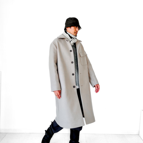 最上質ジロンラムウール素材使用 Hライン ステンカラー ロングコート  