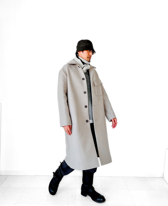 最上質ジロンラムウール素材使用　Hライン  ステンカラー ロングコート 14枚目の画像