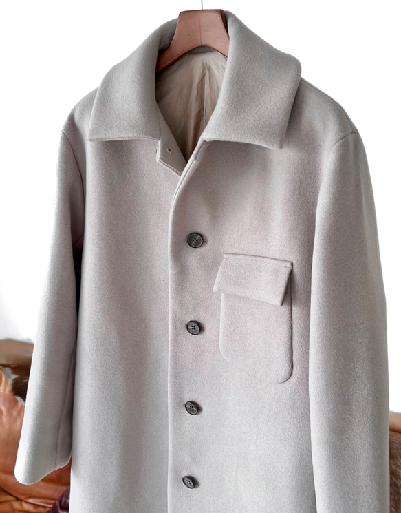 最上質ジロンラムウール素材使用　Hライン  ステンカラー ロングコート 8枚目の画像