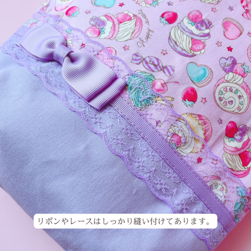 受注制作】3点セット花柄リボン 紫 レッスンバッグ 上履き入れ