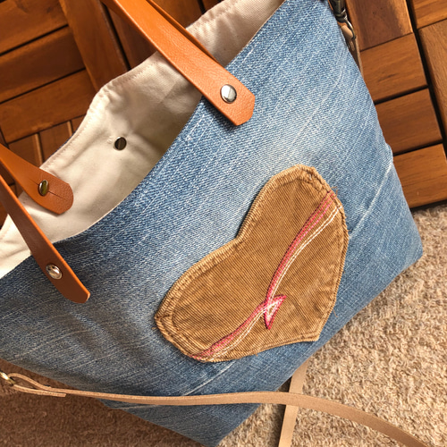 handmade デニムリメイク フリルトートバッグ
