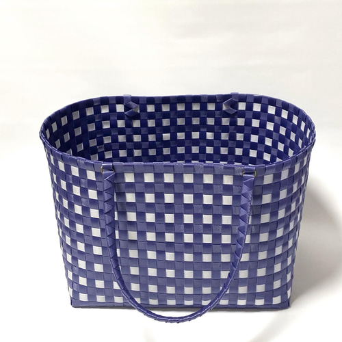 チェック柄 プラスチック製かごバッグ　woven 受注製作〜プラかごバッグ お買い物かごLサイズ☆ネイビーx