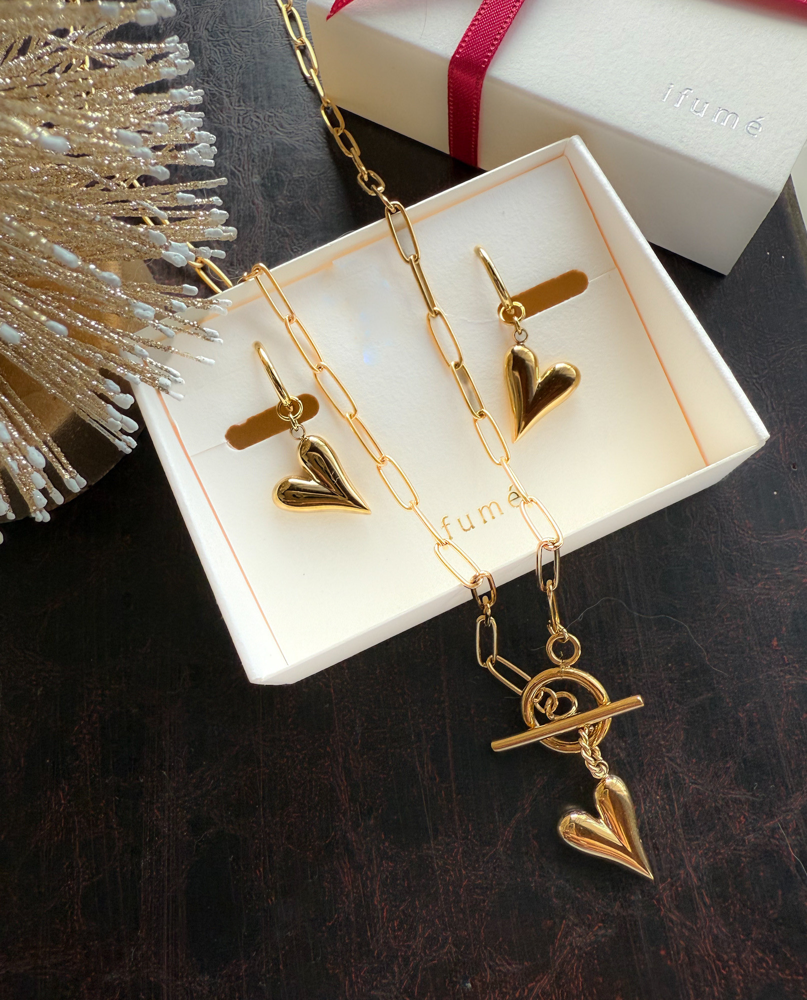 Creema限定新春福袋〈梅〉 ぶら下がりハートのネックレス＆ピアス（イヤリング）セット  GOLD