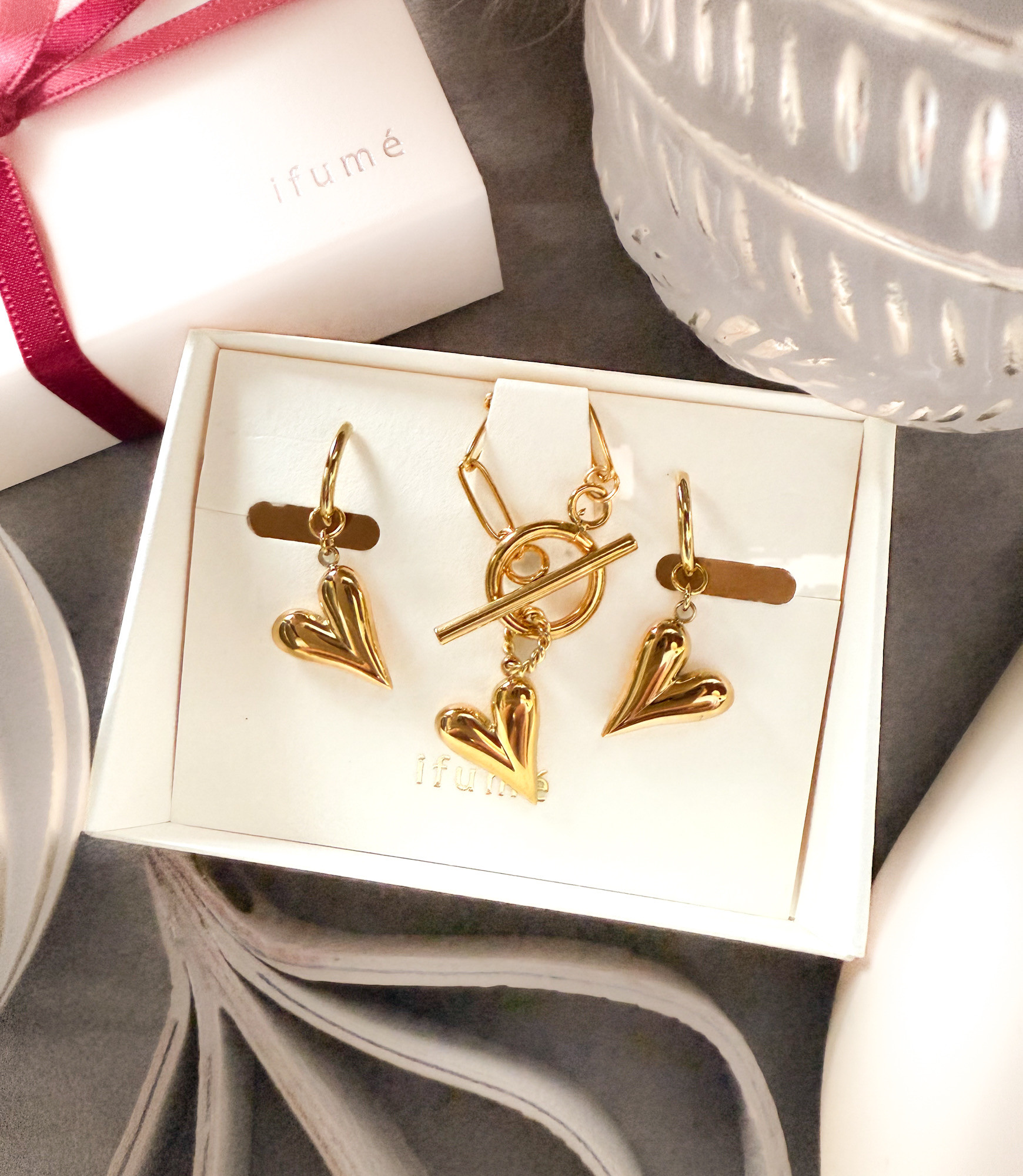 Creema限定新春福袋〈梅〉 ぶら下がりハートのネックレス＆ピアス（イヤリング）セット  GOLD