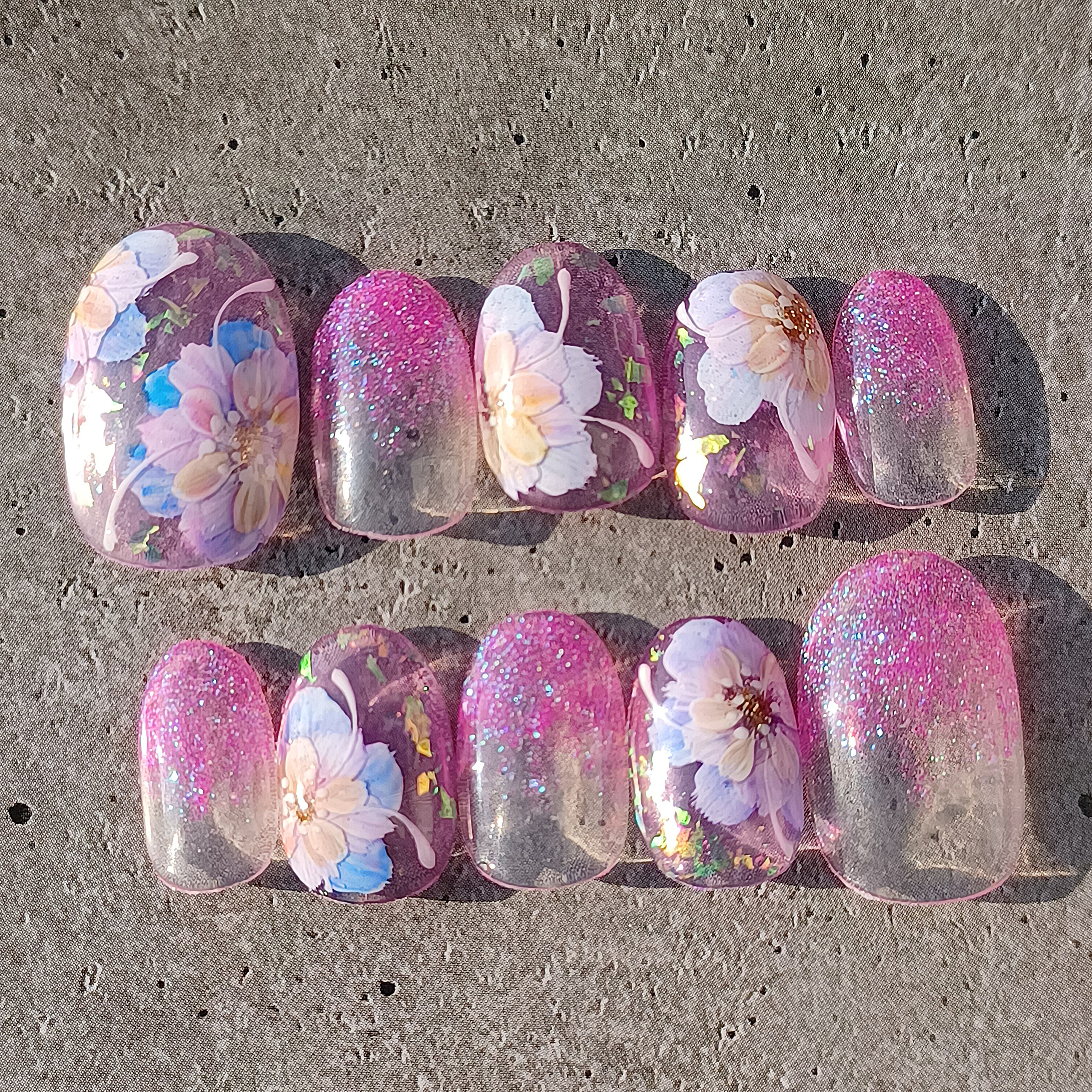 受注製作】ピンクラメグ フラワーネイルチップ No.67 ネイルチップ  