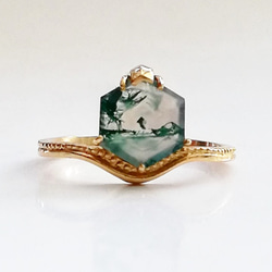 K18　moss agate hexagon ring 1枚目の画像