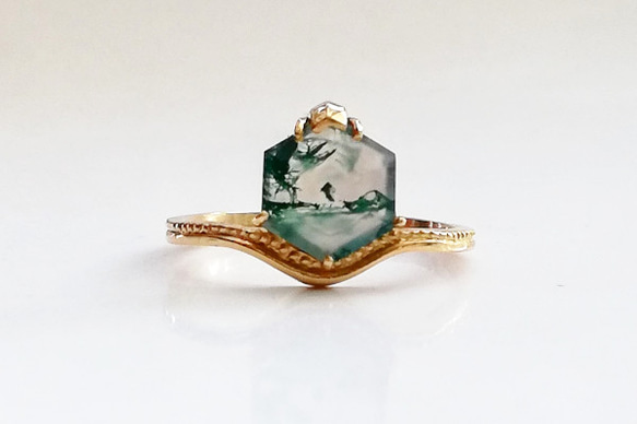 K18　moss agate hexagon ring 1枚目の画像