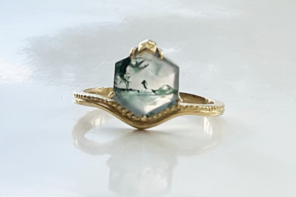 K18　moss agate hexagon ring 12枚目の画像