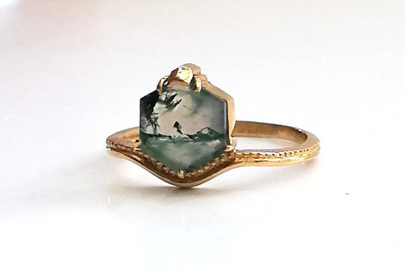 K18　moss agate hexagon ring 7枚目の画像