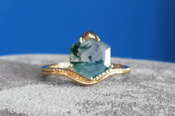 K18　moss agate hexagon ring 9枚目の画像