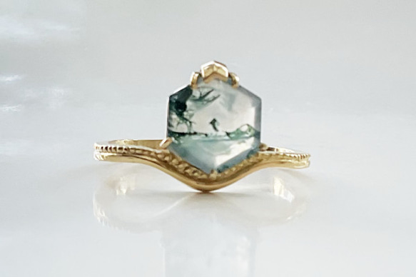 K18　moss agate hexagon ring 11枚目の画像